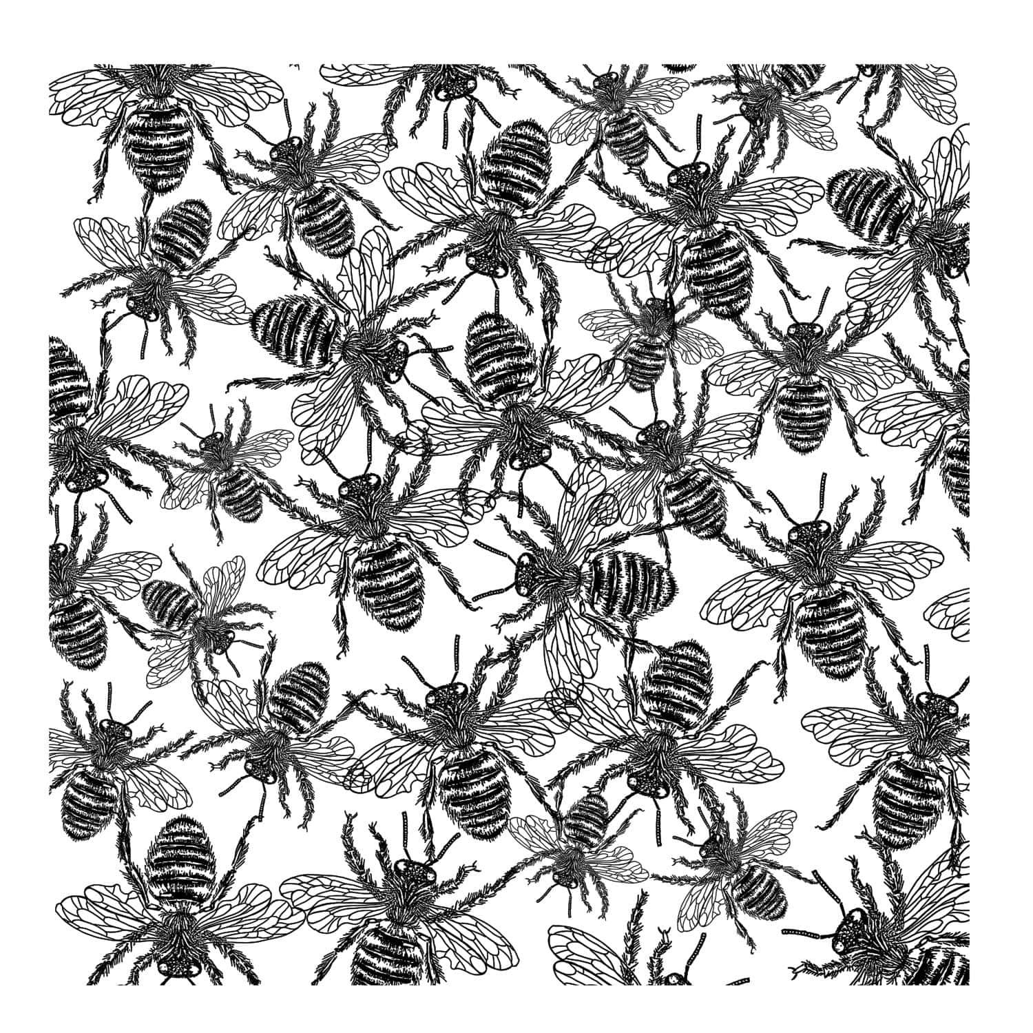 Silkscreen Stencils of Bees for Crafting Black and white silkscreen stencil design featuring detailed bees with wings and striped bodies, ideal for arts and crafts projects.