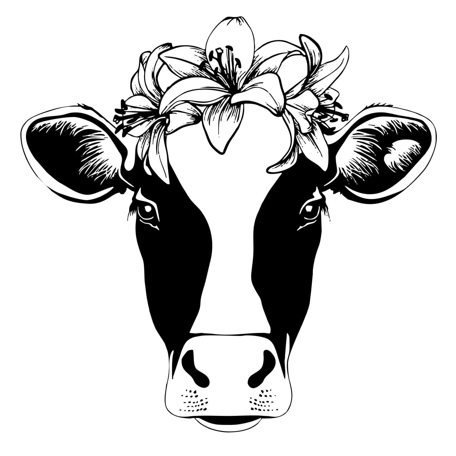 Silkscreen Stencils Boho Cow Design Black and white boho cow face with floral crown, perfect for silkscreen stencils and craft projects.