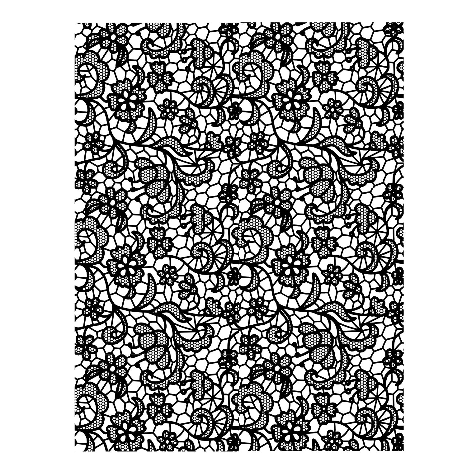 Silkscreen Lace Fine Stencil Design Intricate black lace pattern stencil for silk screening, perfect for fabric and craft projects, showcasing detailed floral and geometric motifs.